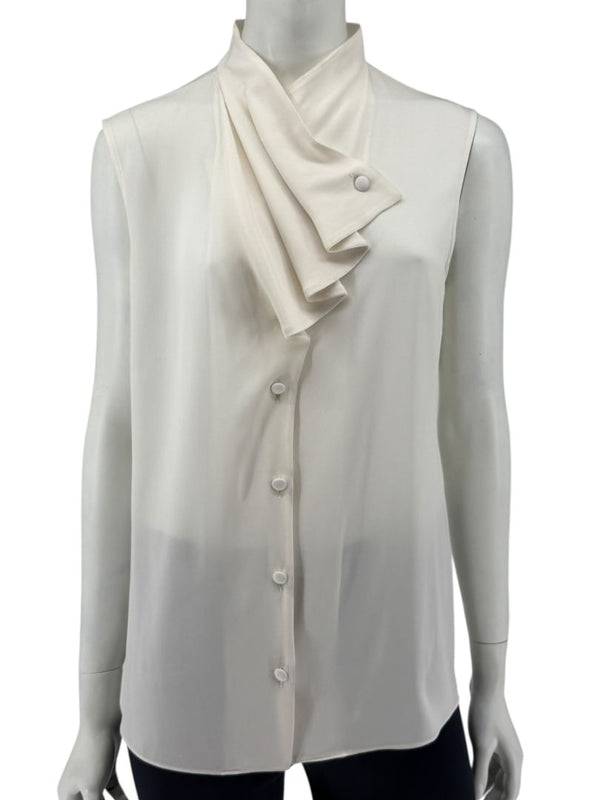 Giorgio Armani Ivory Silk Ruffle Front Sleeveless Blouse – Size 10