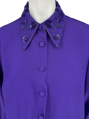 Pamella Roland Purple Beaded Collar & Cuff Shirt Dress with Slip – Large