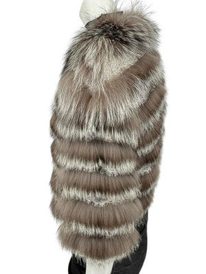 Pamella Roland Taupe Silver Fur Cape Style Jacket with Lace Trim – Sample Size Fits Like Large