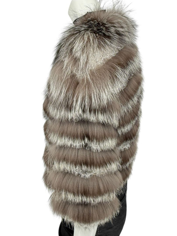 Pamella Roland Taupe Silver Fur Cape Style Jacket with Lace Trim – Sample Size Fits Like Large