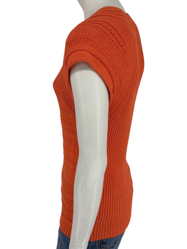 Les Copains Orange Textured Knit Short Sleeve Sweater – Size 48
