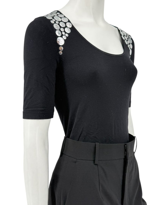 Wolford Black Embellished Shoulder "Heavy Metal" Bodysuit – Size XS