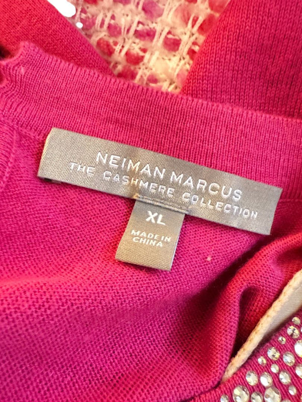 Neiman Marcus Cashmere Collection Fuchsia Embellished Short-Sleeve Sweater – Size XL