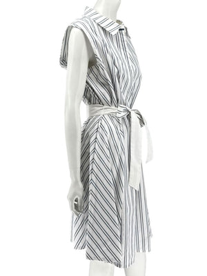 Lafayette 148 New York White & Navy Striped Sleeveless Shirtdress with Self-Tie Belt – Size XXL