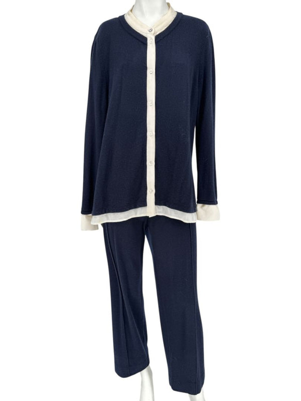 Escada Navy Cashmere Button-Front Lounge Sweater & Pant Set – Size: XL