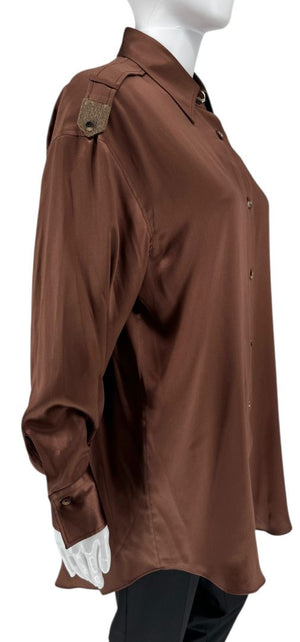 Brunello Cucinelli Silk Epaulet Blouse in Mahogany – Size XS