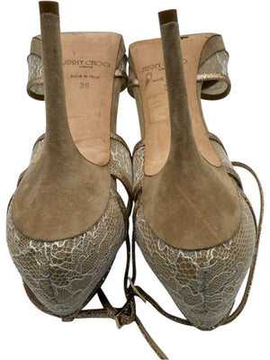 Jimmy Choo Champagne Lace & Glitter Ankle Strap Sandals – Size 39