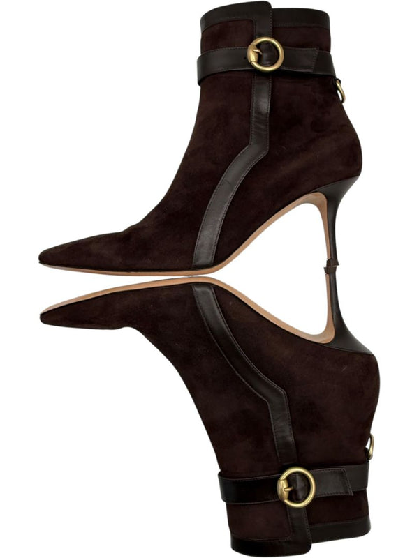 Gianvito Rossi Chocolate Brown Suede & Leather Buckle Booties – Size 39.5
