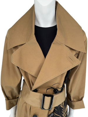 Oscar de la Renta Sand Trench Coat with Black Palm Print – Size 6