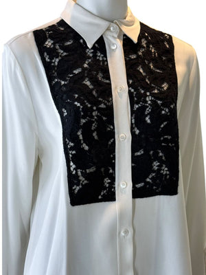 Agnona White Silk Viscose Lace Inset Shirt Blouse Black Beige Panel Italy Size 42