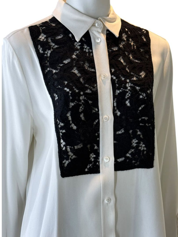 Agnona White Silk Viscose Lace Inset Shirt Blouse Black Beige Panel Italy Size 42