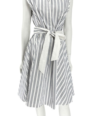 Lafayette 148 New York White & Navy Striped Sleeveless Shirtdress with Self-Tie Belt – Size XXL