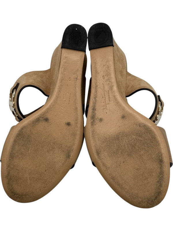 Salvatore Ferragamo Tan Leather & Suede Wedge Sandals – Size 9