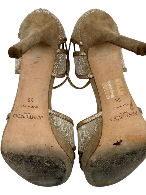 Jimmy Choo Champagne Lace & Glitter Ankle Strap Sandals – Size 39