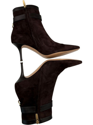 Gianvito Rossi Chocolate Brown Suede & Leather Buckle Booties – Size 39.5