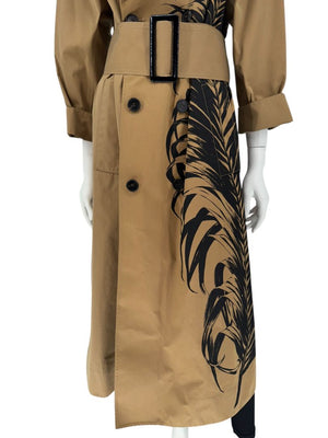 Oscar de la Renta Sand Trench Coat with Black Palm Print – Size 6
