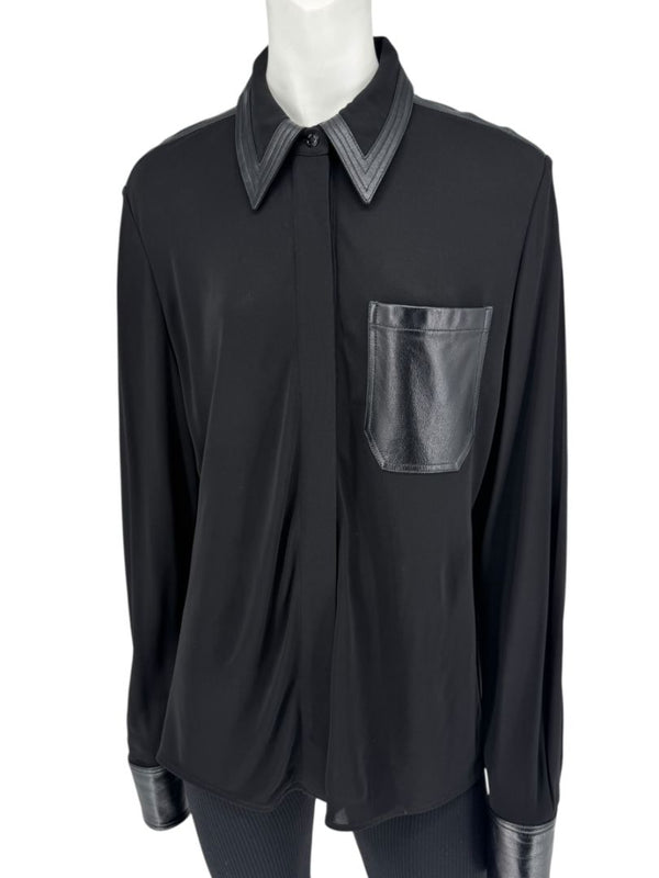 Victoria Beckham Black Blouse with Leather Trim – Size US 10 / UK 14