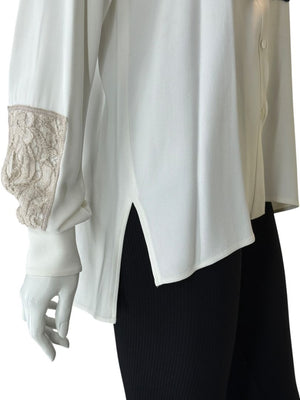 Agnona White Silk Viscose Lace Inset Shirt Blouse Black Beige Panel Italy Size 42