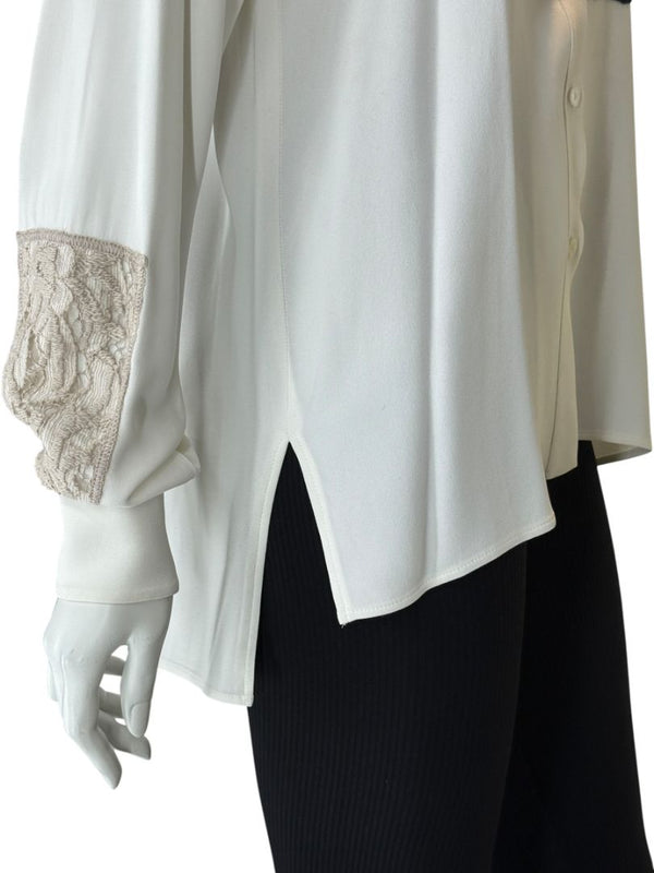 Agnona White Silk Viscose Lace Inset Shirt Blouse Black Beige Panel Italy Size 42