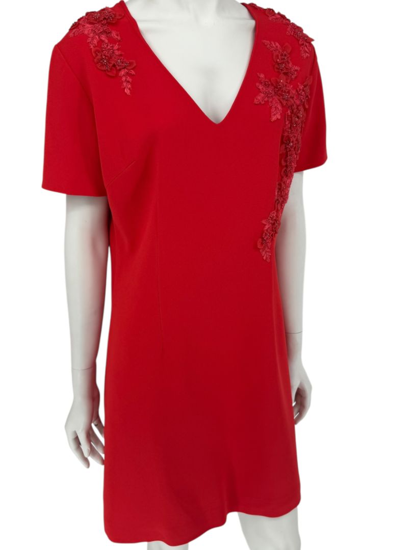 Pamella Roland Red Embellished V-Neck Shift Dress – Large