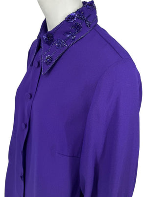 Pamella Roland Purple Beaded Collar & Cuff Shirt Dress with Slip – Large