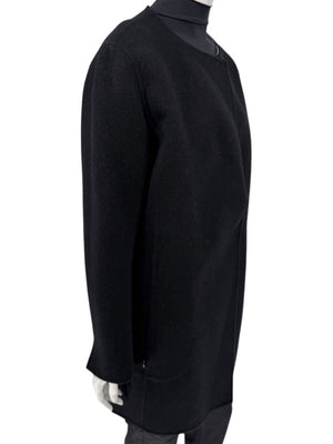 Pamella Roland Black Wool Blend Long Coat Minimalist Hidden Snap Closure - Large