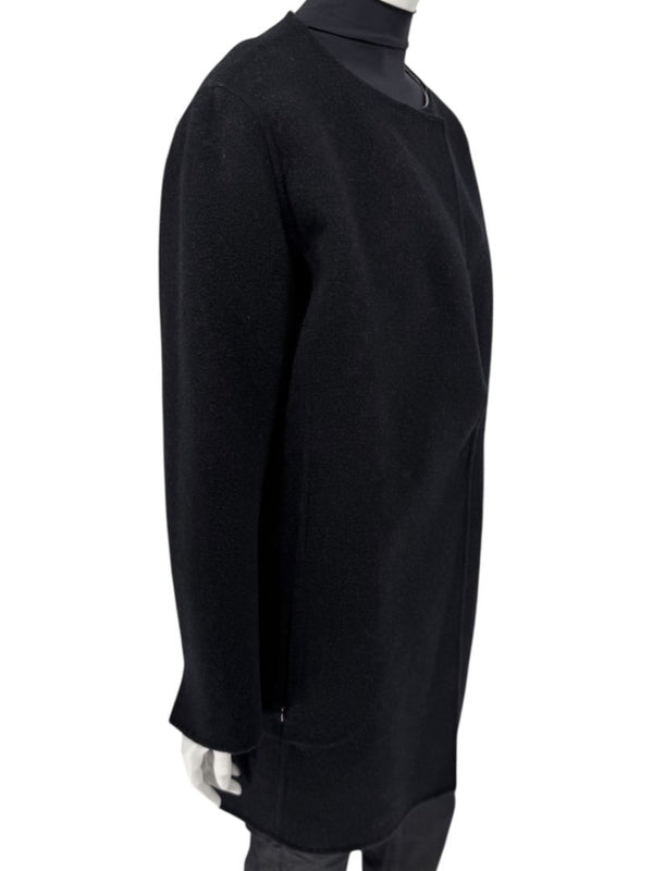Pamella Roland Black Wool Blend Long Coat Minimalist Hidden Snap Closure - Large