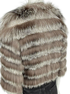 Pamella Roland Taupe Silver Fur Cape Style Jacket with Lace Trim – Sample Size Fits Like Large
