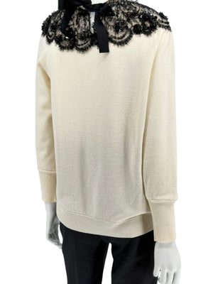 Oscar de la Renta Ivory Knit Sweater with Black Lace Embellished Collar – Size XL