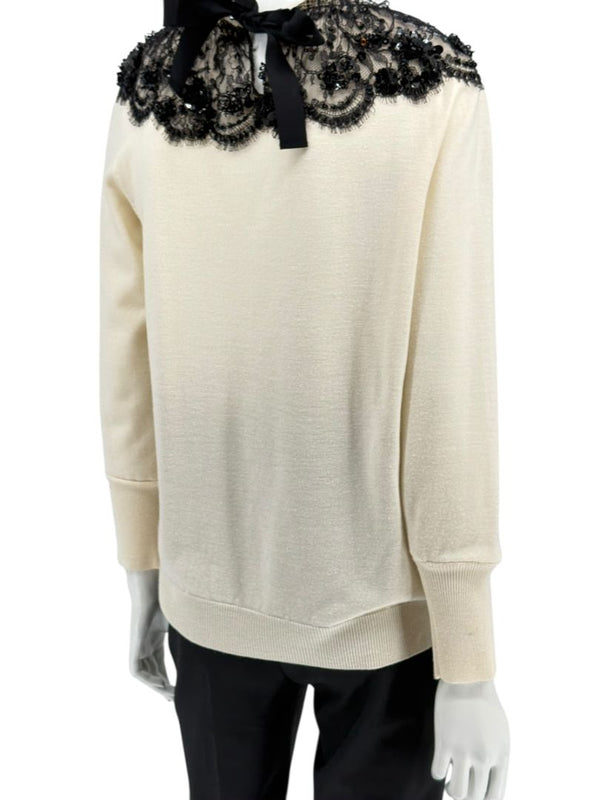 Oscar de la Renta Ivory Knit Sweater with Black Lace Embellished Collar – Size XL