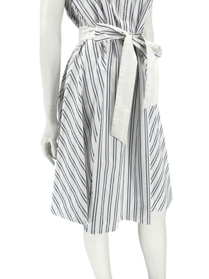 Lafayette 148 New York White & Navy Striped Sleeveless Shirtdress with Self-Tie Belt – Size XXL