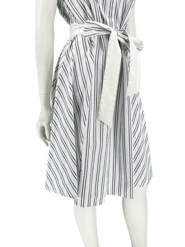 Lafayette 148 New York White & Navy Striped Sleeveless Shirtdress with Self-Tie Belt – Size XXL