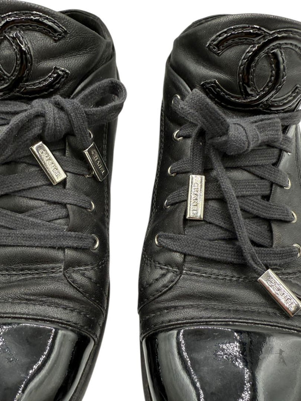 Chanel Black Leather & Patent Cap Toe Sneakers – Size 40