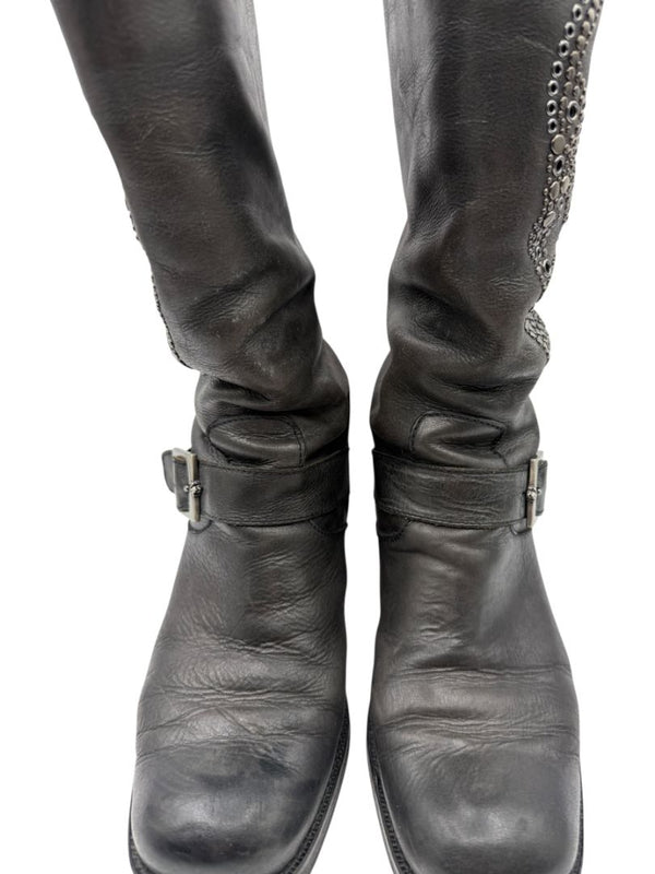 Patrick Cox Studded Skull Leather Moto Boots – Made in Italy – Size 40