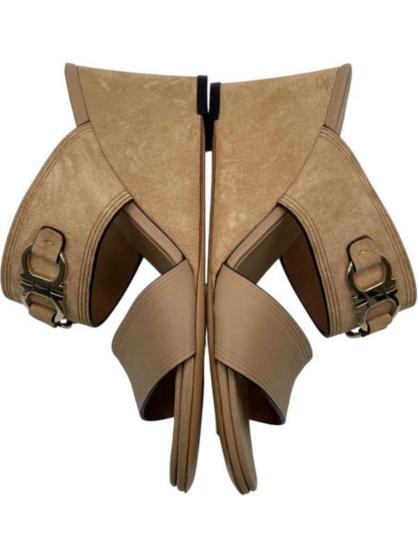 Salvatore Ferragamo Tan Leather & Suede Wedge Sandals – Size 9