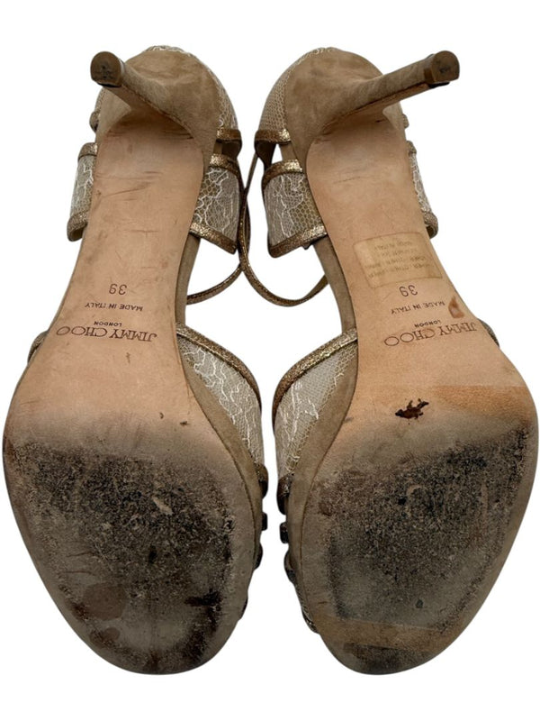 Jimmy Choo Champagne Lace & Glitter Ankle Strap Sandals – Size 39