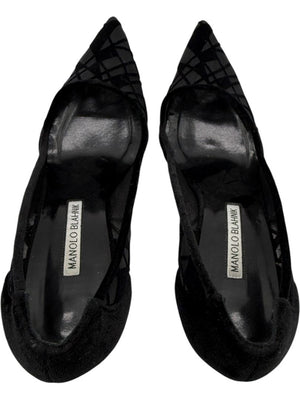 Manolo Blahnik Black Velvet & Mesh Geometric Pumps – Size 39.5