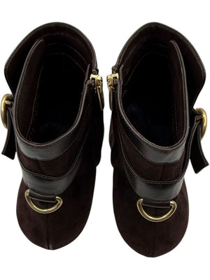 Gianvito Rossi Chocolate Brown Suede & Leather Buckle Booties – Size 39.5