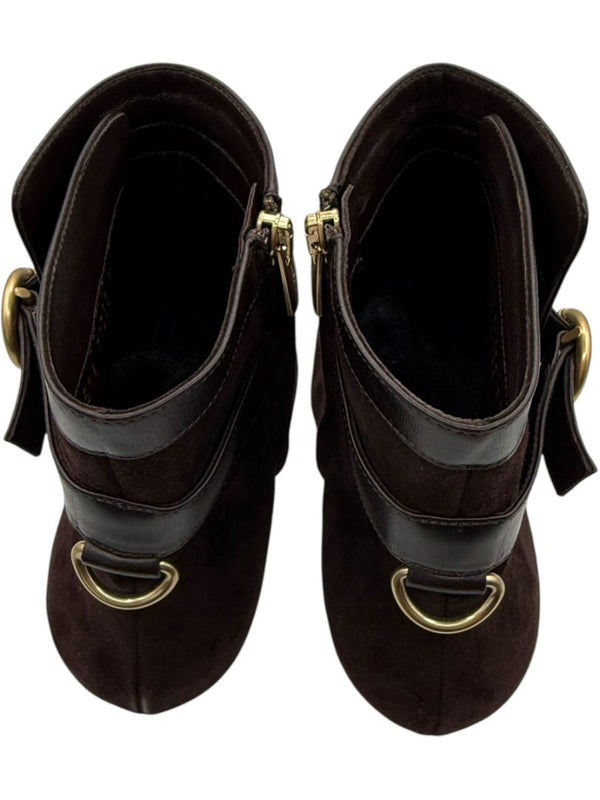 Gianvito Rossi Chocolate Brown Suede & Leather Buckle Booties – Size 39.5