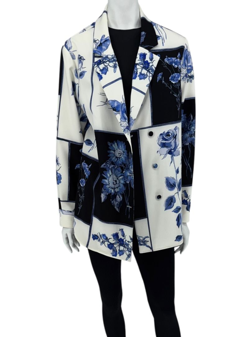 Lela Rose Blue & Ivory Floral Patchwork Blazer - Size 6