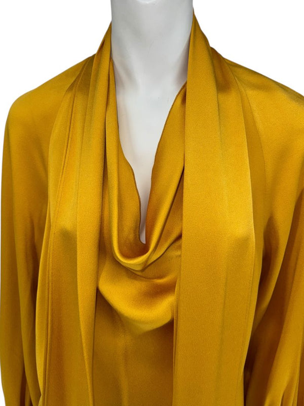 Oscar de la Renta Golden Silk Scarf-Neck Blouse – Size 4