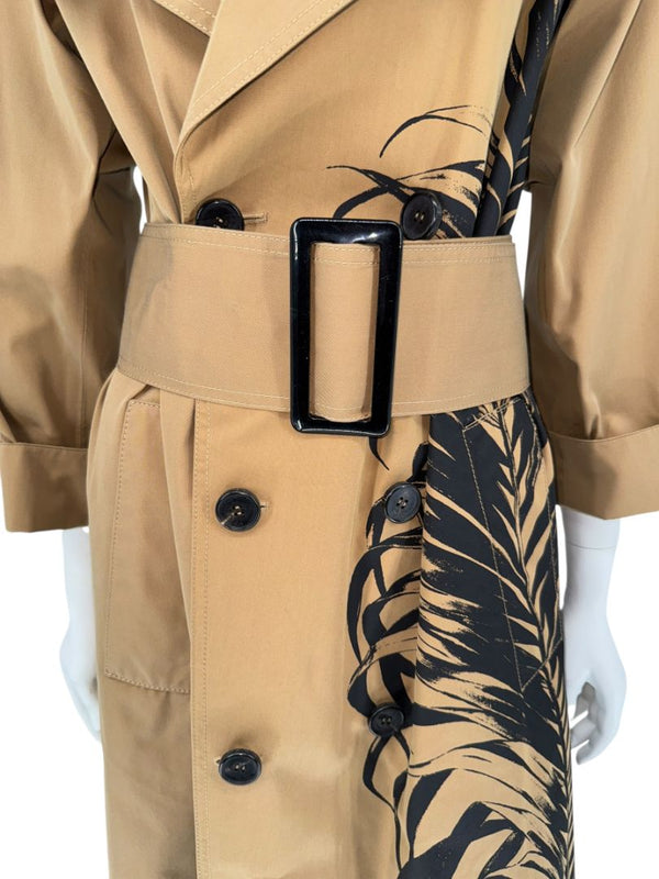 Oscar de la Renta Sand Trench Coat with Black Palm Print – Size 6
