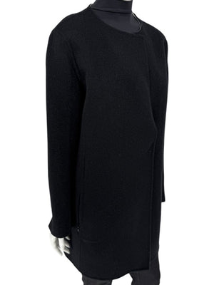 Pamella Roland Black Wool Blend Long Coat Minimalist Hidden Snap Closure - Large