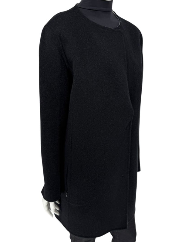 Pamella Roland Black Wool Blend Long Coat Minimalist Hidden Snap Closure - Large