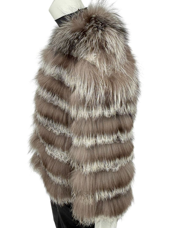 Pamella Roland Taupe Silver Fur Cape Style Jacket with Lace Trim – Sample Size Fits Like Large