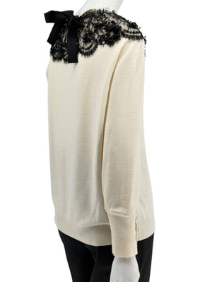 Oscar de la Renta Ivory Knit Sweater with Black Lace Embellished Collar – Size XL