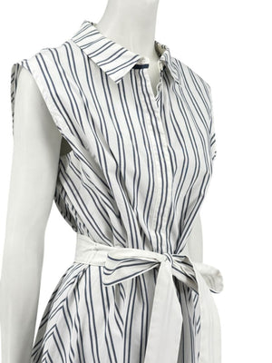 Lafayette 148 New York White & Navy Striped Sleeveless Shirtdress with Self-Tie Belt – Size XXL