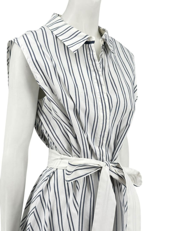 Lafayette 148 New York White & Navy Striped Sleeveless Shirtdress with Self-Tie Belt – Size XXL