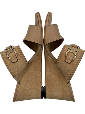 Salvatore Ferragamo Tan Leather & Suede Wedge Sandals – Size 9