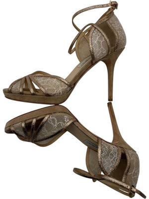 Jimmy Choo Champagne Lace & Glitter Ankle Strap Sandals – Size 39